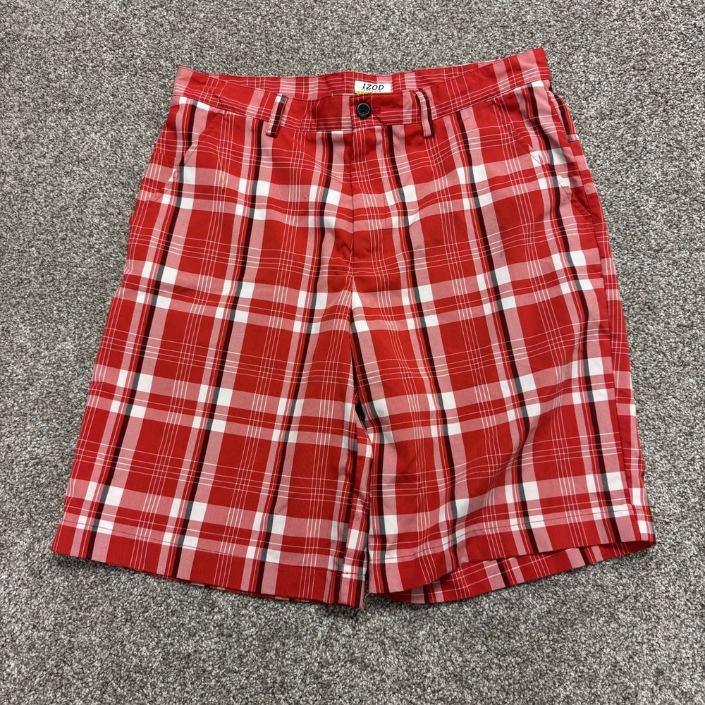 IZOD Chino Shorts Mens 34 Red Plaid Golf Performance Pockets Casual Summer